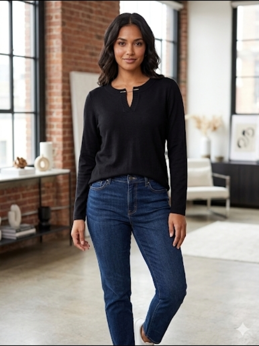Rafaella Black Long-Sleeve Split-Keyhole Knit Top Sz S